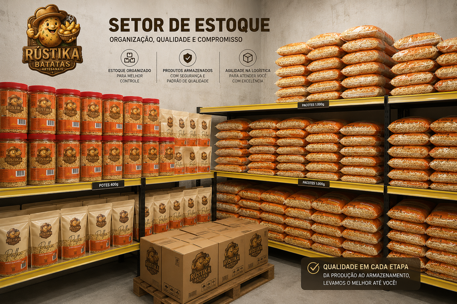 Setor de estoque organizado da Rustika Batatas, com produtos armazenados em prateleiras